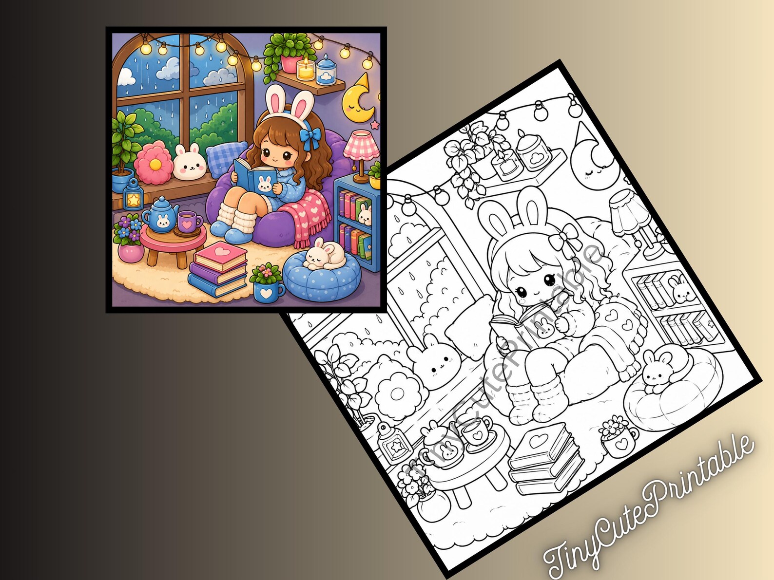 CuteLearner printable Kawaii Bunny Coloring Book Pages, Cozy Hygge Scenes, Coco Wyo, Relaxing Art (PDF Download) — Coloring Books, Kawaii Coloring Books — preview 3